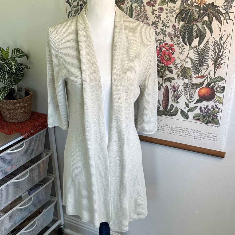 Eileen Fisher Grey Open-Front Ribbed Knit Cardigan Medium